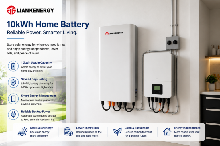 10kWh LiFePO4 home battery system with hybrid inverter installed in a modern residential utility room