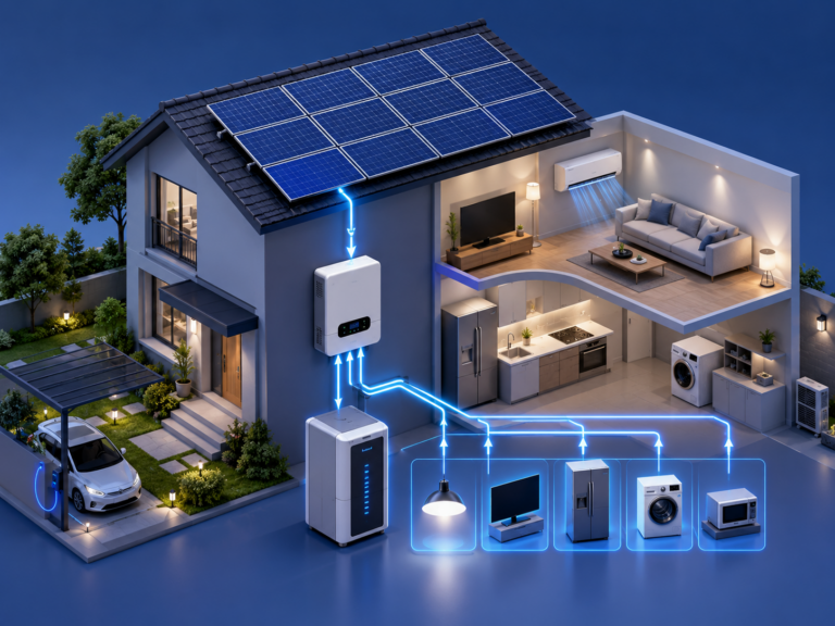 How a 10kWh home battery works with solar panels, hybrid inverter, utility grid, and household appliances